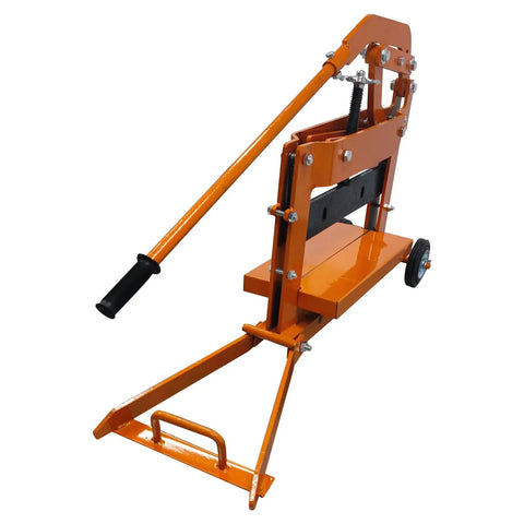 Manual Block Splitter Cutter Portable Paver Cutting Tool For Easy Brick And Stone Cutting Adjustable Cutting Size From 0 To 3.9 Inches And Width Up To 15.7 Inches Built For Quick Labor Saving Work On Job Sites., orange steel manual paver cutter with long handle and wheels