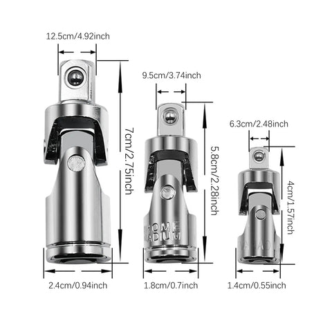 Rock Solid 3 Piece Universal Joint Socket Set With Rotatable Swivel Head For Tough Jobs And Confined Spaces That Make Any DIYer's Toolkit Smaller Yet Super Versatile And Way More Efficient., chrome-plated steel universal joint sockets with sizes shown