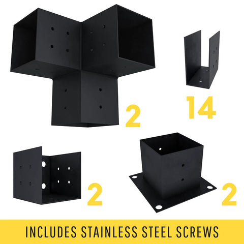 Attached Pergola Bracket Kit With Roof Rafters For 6x6 Posts And 2x6 Beams, heavy duty powder coated steel hardware components