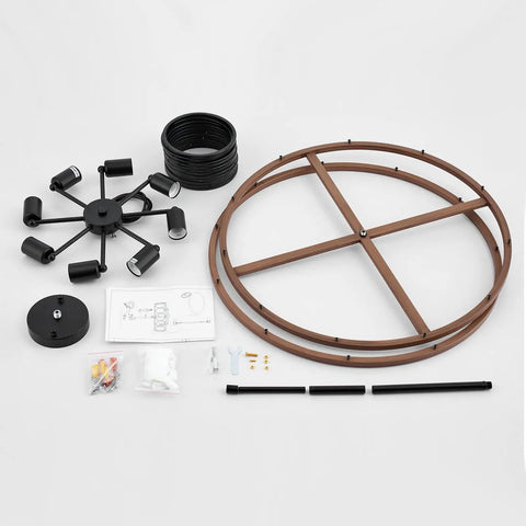 Assembly setup of Rustic Black Wood Drum Chandelier With Eight Lights 23.25 Inch Diameter Modern Industrial Pendant Lighting