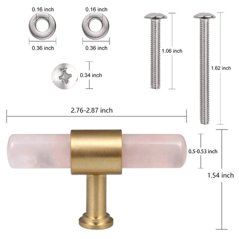 Set Of 2 Crystal Stone T Bar Pull Handles With Screws In Brushed Brass Finish, dimensions and hardware details shown.