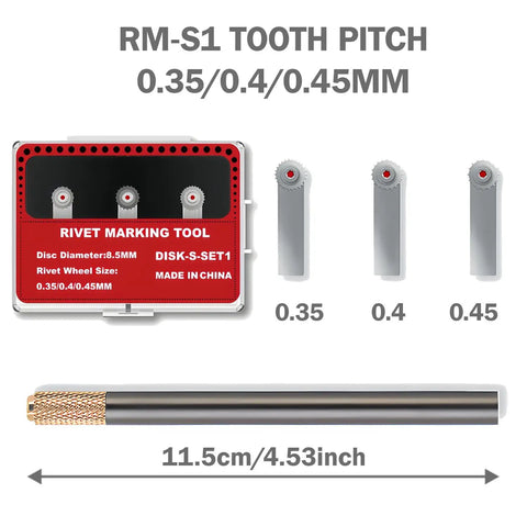 Rivet Maker Tool With Small Diameter Gear 0.35/0.4/0.45mm showing components and dimensions, designed for fine panel lines and mecha joints.