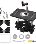 Dead Nuts Precise Router Lift For 65MM And 69MM Wood Routers with micro adjustment table plate and accessories.