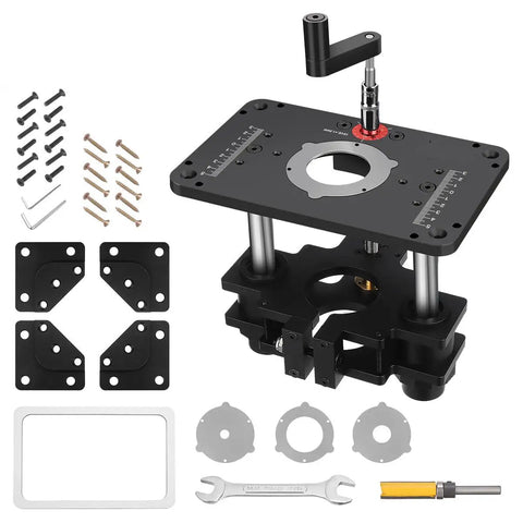 Dead Nuts Precise Router Lift For 65MM And 69MM Wood Routers with micro adjustment table plate and accessories.