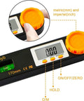 Dead On Accurate Digital Angle Finder With Bright Led Display And Spirit Level No Fuss 5 Inch Pocket Protractor showing buttons and LCD screen.