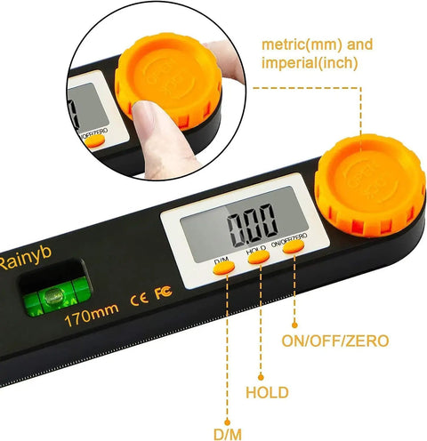 Dead On Accurate Digital Angle Finder With Bright Led Display And Spirit Level No Fuss 5 Inch Pocket Protractor showing buttons and LCD screen.