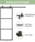 Frosted Glass Sliding Barn Door With Black Carbon Steel Frame 36In By 96In Soft Close Mechanism 6 Ft Hardware Kit Included