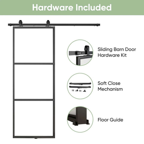 Frosted Glass Sliding Barn Door With Black Carbon Steel Frame 36In By 96In Soft Close Mechanism 6 Ft Hardware Kit Included
