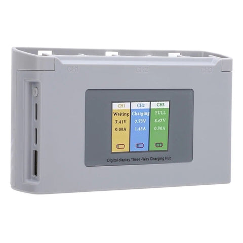 Three Slot LCD Drone Battery Charger Hub With Digital Display showing charging status, ABS material, shockproof docking station