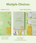 Cat Sticky Notes Set With Paw Tabs And Page Markers, 300 sheets in green leather cover, multiple sizes shown