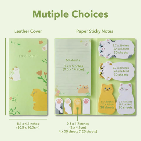 Cat Sticky Notes Set With Paw Tabs And Page Markers, 300 sheets in green leather cover, multiple sizes shown