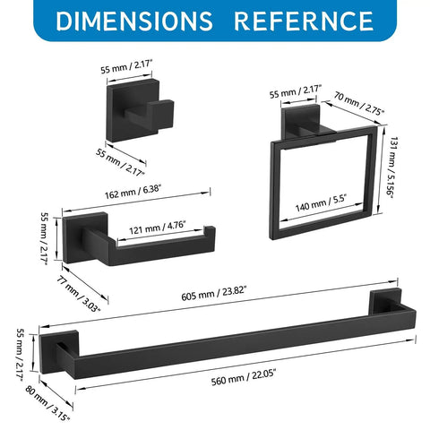 Matte Black 5 Piece Bathroom Hardware Set With Wall Mounted Towel Bar Towel Holder And Towel Racks Kit SUS304 Stainless Steel Rustproof Fixtures For Ultra Durable Bath Organization 23.6 Inch dimensions diagram