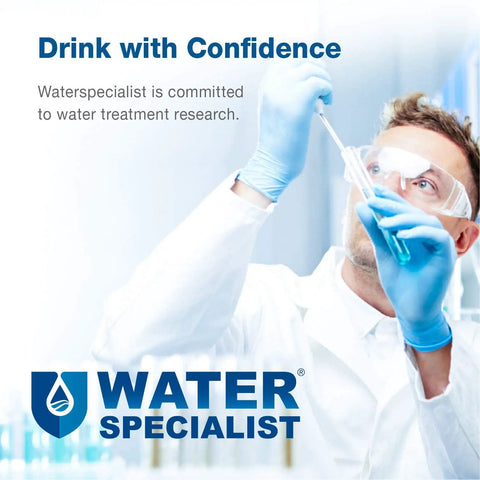 Scientist testing water sample in lab with Water Specialist logo, focusing on water treatment research and quality assurance.