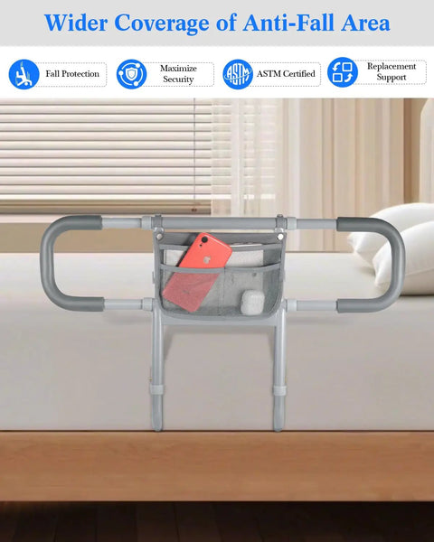 Rock Solid Extended Bed Rail For Seniors Safe Guard Bar With Storage Bag Adjustable Side Rail on bed.