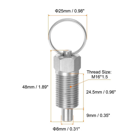 Solid Stainless Steel Spring Plunger With M16x1.5 Thread And 8mm Pin Shaft, showcasing dimensions and design features.