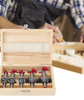 Five Piece Forstner Drill Bit Set Featuring Adjustable Depth Range Premium woodworking hole saws in wooden case.