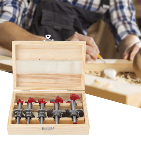Five Piece Forstner Drill Bit Set Featuring Adjustable Depth Range Premium woodworking hole saws in wooden case.