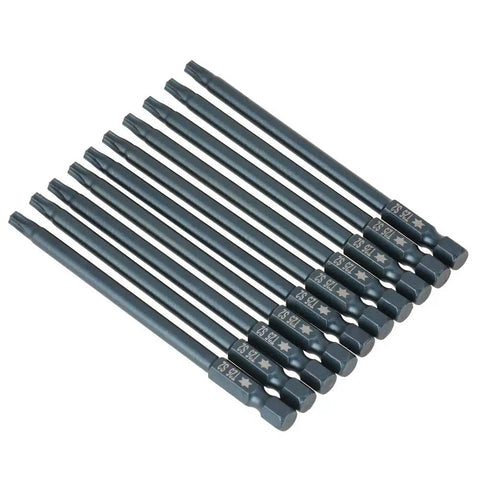 Get The Goods With These 10 Pieces Of 100mm T25 Security Screwdriver Bits Kit That Rock 1/4 Hex Shank Made From Tough S2 Steel Rust Proof And Totally Radial Torque Ready For Pro Drills And DIY Jobs. Ten 100mm T25 security screwdriver bits, S2 steel, 1/4 hex shank