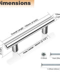 Five Pack Polished Chrome Round T Bar Cabinet Pulls, 4 Inch Total Length, 2-1/2 Inch Hole Centers, 12mm Diameter, dimension diagram
