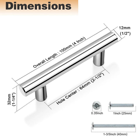 Five Pack Polished Chrome Round T Bar Cabinet Pulls, 4 Inch Total Length, 2-1/2 Inch Hole Centers, 12mm Diameter, dimension diagram
