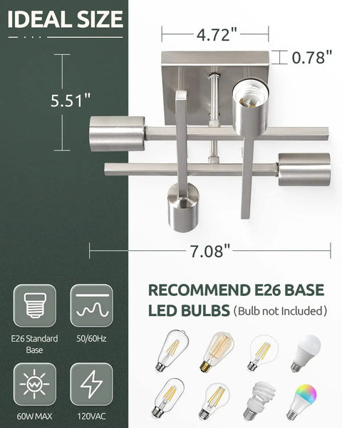 Dimensions and specifications of 4 Light Semi Flush Mount Ceiling Light Fixture In Brushed Nickel Modern Farmhouse Sputnik Style with E26 base
