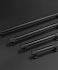 10 Pack Five Inch Matte Black Cabinet Handles Knurled Drawer Pulls displayed in various sizes on a dark background.