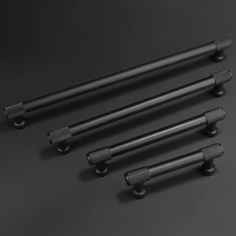 10 Pack Five Inch Matte Black Cabinet Handles Knurled Drawer Pulls displayed in various sizes on a dark background.