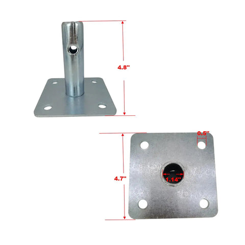 Four Pack Galvanized Scaffold Base Plates With Pins For Baker Style Scaffolding, Heavy Duty Stabilizers That Prevent Shake, 4 3 Fifths Inch Square Base, Stem OD 1 3 Eighth Inch, Stem Length 5 Inch, Fits Tubes Inside Diameter Over 1 3 Eighth Inch, shown with dimensions