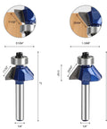 45 Degree Chamfer Router Bit Set For Woodworking, 1/4 Inch Shank, diameters 11/32 and 25/64 inch, C3 carbide close-up