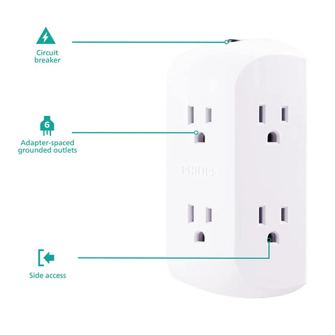 Space Saving Six Outlet Wall Tap Extender 2 Pack Grounded 3 Prong Outlets With Circuit Breaker And Reset Button Four Side Access Outlets Easy Install ETL Listed White