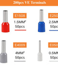 200pcs VE terminals for Ferrule Crimping Tool Kit With Self Adjusting Ratchet For AWG 23 10 Wires in assorted colors and sizes
