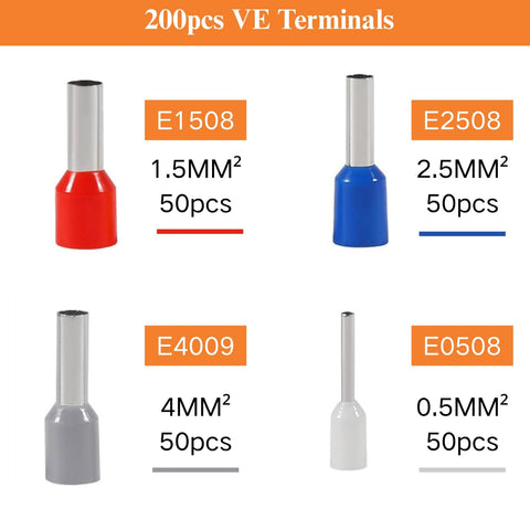 200pcs VE terminals for Ferrule Crimping Tool Kit With Self Adjusting Ratchet For AWG 23 10 Wires in assorted colors and sizes