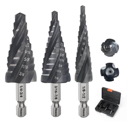 Four Spiral Flute Cobalt Step Drill Bit Set 1/8 To 7/8 Inch, Wear-Resistant TiAlN Coated 1/4 Inch Hex Shank Unibit For Metal, Stainless Steel, Aluminum, Wood, Plastic, 3-Piece