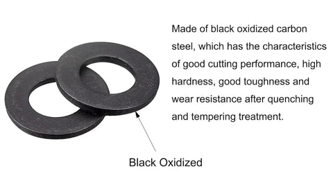 Heavy Duty Carbon Steel Flat Washer Black Oxide 8.8 Grade, 10mm ID, 20mm OD, 2mm Thick, two washers on white background
