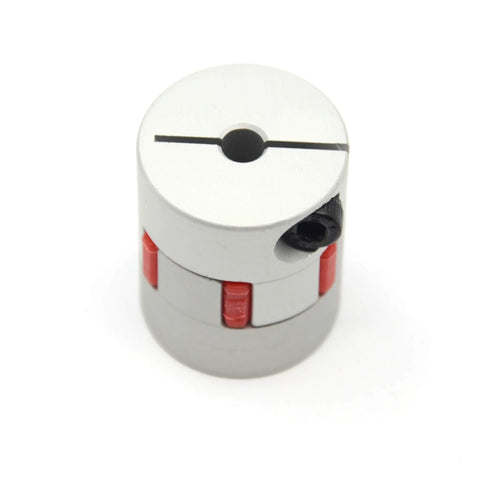 Front view of aluminum shaft coupling for 5–8 mm shafts, 25 mm diameter, 30 mm long, clamp-style with red segments