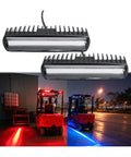 Industrial Forklift Safety Light Ground Projection Lamp with red and blue beams for safe material handling in warehouses.