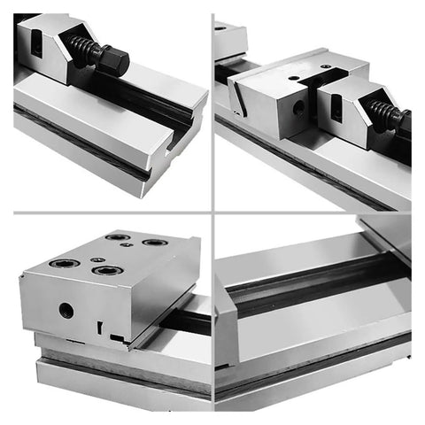5 Inch Heavy Duty Manual Flat Vise With Tight Lockdown Grip And Crisp 0.005 Mm Dead On Precision For Cnc Grinding Milling Workstations top view of durable metal jaws and precision parts.