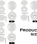 Product size chart showing 100 Pack Slick Hinged Screw Cap Covers Small White Plastic Dust Shield Plugs sizes S, M, L.