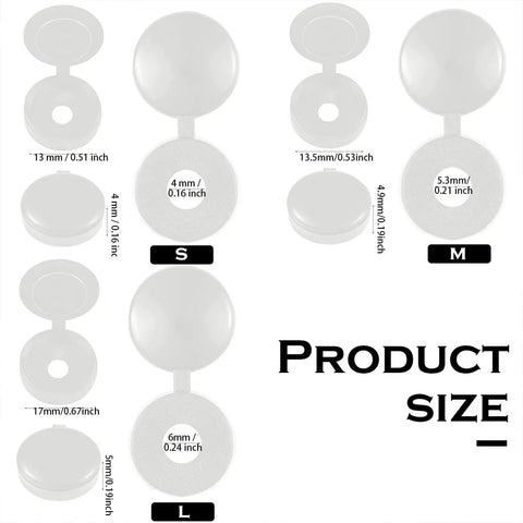 Product size chart showing 100 Pack Slick Hinged Screw Cap Covers Small White Plastic Dust Shield Plugs sizes S, M, L.