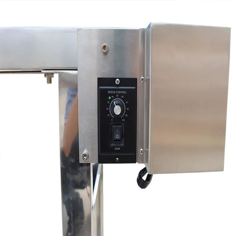 Close-up of Heavy Duty 110V PVC Belt Conveyor Built Tough With Double Guardrails control panel with stainless steel frame.