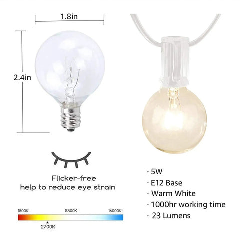 White Outdoor String Lights 25 Feet With 27 Globe Bulbs Edison Style G40 E12 Sockets IP44 Waterproof Connectable Up To 4 Strings