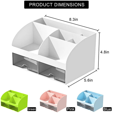 Ultimate Desk Organizer With Six Compartments And Two Drawers, Plastic Makeup Organizer And Pen Holder, White Desktop Storage