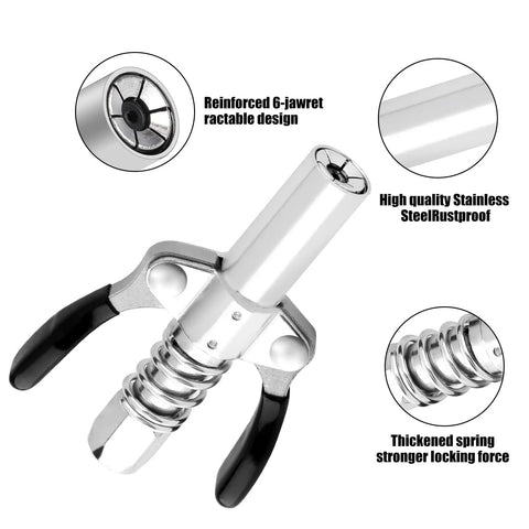 All In One Grease Gun Accessories Kit With 90 Degree Coupler, Needle Tips, Needle Dispenser And Double Handle Coupler For One Eighth Inch NPT Grease Guns showing reinforced 6-jaw design and stainless steel material.