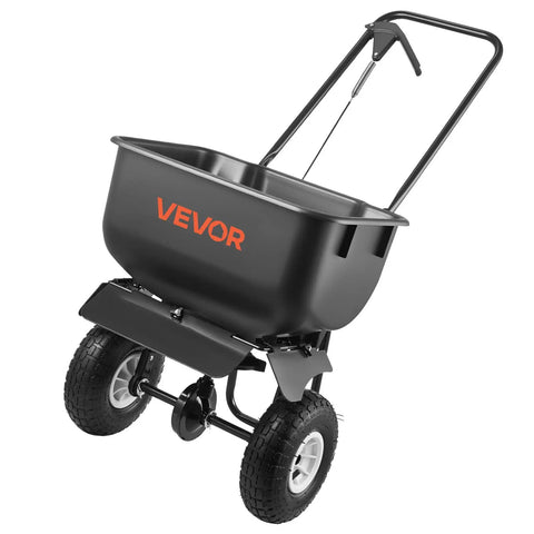 Push Lawn Spreader With 12 Foot Spreading Width, 80 Lb Hopper, All Terrain 10 Inch Tires in black, side view