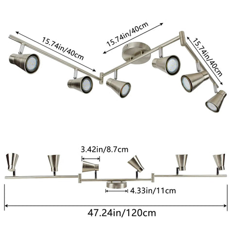 6 Light Flexible Track Lighting Rail With Adjustable Heads Slick LED Spotlight Ceiling Fixture In Brushed Steel