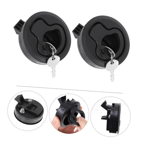 Front view: Two black round flush-mount boat latches with keys for RV cabinets or deck hatches
Side view: Black round flush-pull latch showing mounting tab
Close-up: Key and lock slot on a black flush-mount latch
Installed view: Marine-grade latch mounted in cabinet with screws


