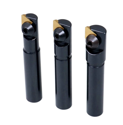 Three Piece Miniature Indexable End Mill Set With One Half Inch Shank And Three Inch Overall Length Includes One Half Inch, Nine Sixteenths Inch And Five Eighths Inch Cutters With Installed TPG22 Inserts In A Fitted Case