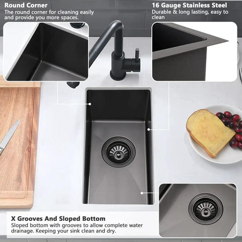 14 By 18 Inch Undermount Bar Sink Stainless Steel 16 Gauge T304 Pro Grade R10 Tight Radius Small RV Single Bowl Kitchen Prep Sink With Bottom Grid Drain And Roll Up Rack shown with drain and faucet on a kitchen counter.