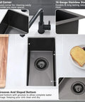 Top view of 14 Inch Black Bar Sink Undermount 14x18 Single Bowl In 16 Gauge T304 Stainless Steel With Matte Black Gunmetal Finish Nano PVD Coated Includes Bottom Grid And Drain Perfect For Tiny Kitchens And Bar Setups Outdoors And RV Life.