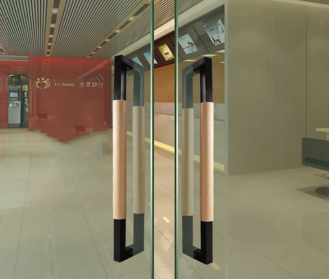 Stainless Steel Barn Door Handle Set With Hardware Built Tough Two Sided Sliding Push Pull Bar For Smooth Office Or Front Door Use Custom Length 40 60 80 100 Cm Or 120 Cm Durable And Easy To Install installed on glass doors in an office.